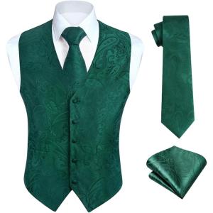 imageHISDERN Mens Vest Tie Set Paisley Floral Jacquard Necktie Pocket Square 3PCS Waistcoat for Suit or Tuxedo Wedding PartyCgreen 1