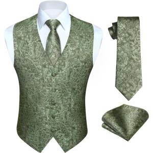 imageHISDERN Mens Vest Tie Set Paisley Floral Jacquard Necktie Pocket Square 3PCS Waistcoat for Suit or Tuxedo Wedding PartyCgreen 2