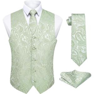 imageHISDERN Mens Vest Tie Set Paisley Floral Jacquard Necktie Pocket Square 3PCS Waistcoat for Suit or Tuxedo Wedding PartyCsage Green