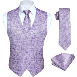 imageHISDERN Mens Vest Tie Set Paisley Floral Jacquard Necktie Pocket Square 3PCS Waistcoat for Suit or Tuxedo Wedding PartyPurple 1
