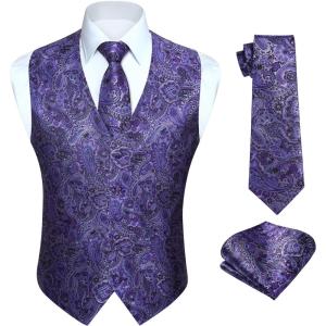 imageHISDERN Mens Vest Tie Set Paisley Floral Jacquard Necktie Pocket Square 3PCS Waistcoat for Suit or Tuxedo Wedding PartyPurple 2