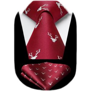 imageHISDERN Ties for Men Classic Animal Tie and Pocket Square Set Jacquard Woven Silk Neckties Handkerchief Wedding Party02deer  Burgundy