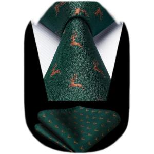 imageHISDERN Ties for Men Classic Animal Tie and Pocket Square Set Jacquard Woven Silk Neckties Handkerchief Wedding Party02deer  Dark Green