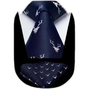 imageHISDERN Ties for Men Classic Animal Tie and Pocket Square Set Jacquard Woven Silk Neckties Handkerchief Wedding Party02deer  Navy Blue