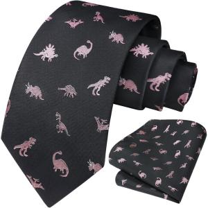 imageHISDERN Ties for Men Classic Animal Tie and Pocket Square Set Jacquard Woven Silk Neckties Handkerchief Wedding Party04dinosaur 5