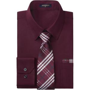 imageMens Solid Long Sleeve Dress Shirt with Matching Tie and Handkerchief Set Classic Button Down Formal Business Shirts06dark RedMaroon
