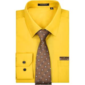 imageMens Solid Long Sleeve Dress Shirt with Matching Tie and Handkerchief Set Classic Button Down Formal Business Shirts06yellow 2
