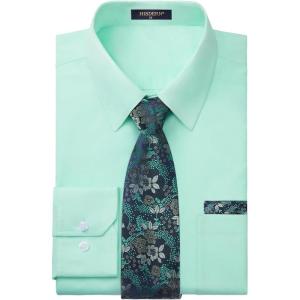 imageMens Solid Long Sleeve Dress Shirt with Matching Tie and Handkerchief Set Classic Button Down Formal Business Shirts07aqua