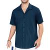 imageHISDERN Mens Casual Button Down Shirt Short Sleeve Cuban Collar Beach Shirts for Men Summer Button Up Guayabera ShirtsCnavy Blue