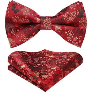 imageHISDERN Christmas Bow Tie and Pocket Square Set Pre Tied Bowties for Men Xmas Festival Woven Bowtie with Handkerchief06red  Gold