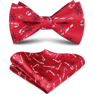 imageHISDERN Christmas Bow Tie and Pocket Square Set Pre Tied Bowties for Men Xmas Festival Woven Bowtie with Handkerchief10red  White  Black