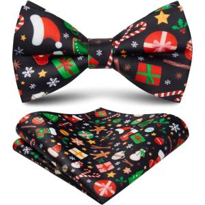 imageHISDERN Christmas Bow Tie and Pocket Square Set Pre Tied Bowties for Men Xmas Festival Woven Bowtie with Handkerchief17black  Red  Green