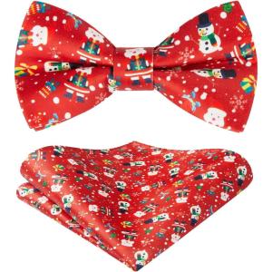 imageHISDERN Christmas Bow Tie and Pocket Square Set Pre Tied Bowties for Men Xmas Festival Woven Bowtie with Handkerchief18red  White  Black