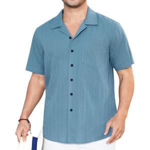imageHISDERN Mens Casual Button Down Shirt Short Sleeve Cuban Collar Beach Shirts for Men Summer Button Up Guayabera ShirtsCdenim Blue