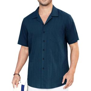imageHISDERN Mens Casual Button Down Shirt Short Sleeve Cuban Collar Beach Shirts for Men Summer Button Up Guayabera ShirtsCnavy Blue