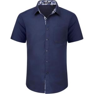 imageHISDERN Mens Dress Shirts Short Sleeve Regular Fit Casual Button Down Shirt Inner Contrast Business Formal Pocket ShirtB1blue2no Printed Sleeves