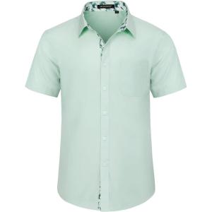 imageHISDERN Mens Dress Shirts Short Sleeve Regular Fit Casual Button Down Shirt Inner Contrast Business Formal Pocket ShirtB1green4no Printed Sleeves