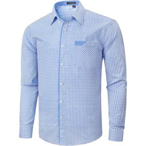 imageHISDERN Mens Plaid Button Down Shirt Long Sleeve Dress Shirts for Men Casual Wrinkle Free Regular Fit Work Shirt with PocketFlight Blue