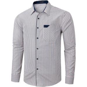 imageHISDERN Mens Plaid Button Down Shirt Long Sleeve Dress Shirts for Men Casual Wrinkle Free Regular Fit Work Shirt with PocketIwhite