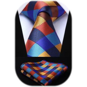 imageHISDERN Mens Ties Plaid Tie and Pocket Square Set Classic Woven Formal Checkered Neckties ampamp Handkerchief Wedding PartyOrange  Blue  Brown