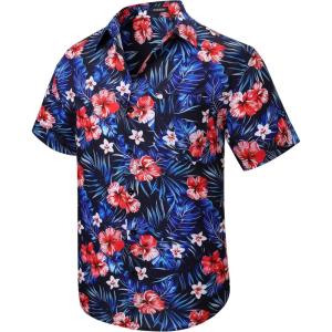 imageMens Hawaiian Shirts Short Sleeve Floral Tropical Aloha Shirt Casual Summer Button Down Holiday Beach Shirt with Pocket25navyRedBlack