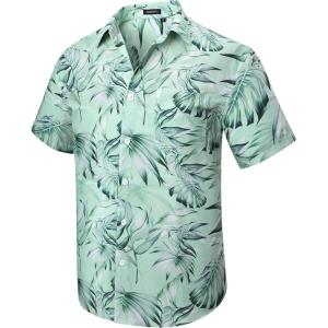 imageMens Hawaiian Shirts Short Sleeve Floral Tropical Aloha Shirt Casual Summer Button Down Holiday Beach Shirt with Pocket29celandine GreenPalm Leaves