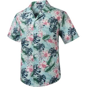 imageMens Hawaiian Shirts Short Sleeve Tropical Aloha Hawaiian Shirts for Men Button Down Casual Summer Beach Shirt17green Black Pink