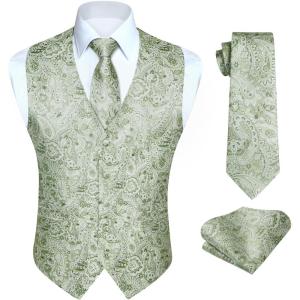 imageHISDERN Mens Vest Tie Set 3PC Formal Waistcoat Paisley Floral Jacquard Necktie Pocket Square Suit Vests Wedding PartyD02 Green