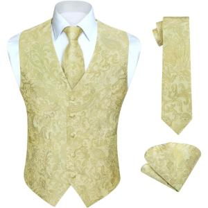 imageHISDERN Mens Vest Tie Set 3PC Formal Waistcoat Paisley Floral Jacquard Necktie Pocket Square Suit Vests Wedding PartyF01 Yellow Paisley