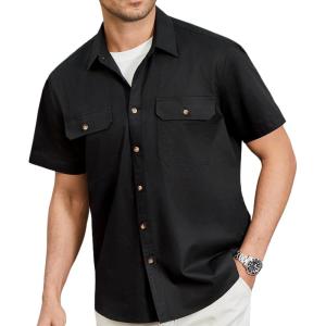 imageHISDERN Mens Short Sleeve Button Down Shirts Work Casual Button Up Relaxed Fit Summer Shirt with Two PocketsA1black