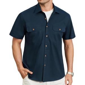 imageHISDERN Mens Short Sleeve Button Down Shirts Work Casual Button Up Relaxed Fit Summer Shirt with Two PocketsA3navy Blue