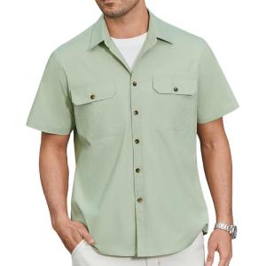 imageHISDERN Mens Short Sleeve Button Down Shirts Work Casual Button Up Relaxed Fit Summer Shirt with Two PocketsA4green