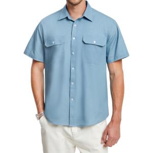 imageHISDERN Mens Short Sleeve Button Down Shirts Work Casual Button Up Relaxed Fit Summer Shirt with Two PocketsA5blue