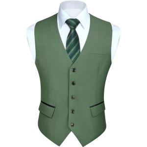 imageHISDERN Mens Suit Vest Business Suit Vests for Men Formal Slim Fit Solid Wedding Dress Waistcoat for VNeck Tuxedo VestOlive Greenflap Pocket