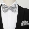 imageHISDERN Suspenders for Men Paisley Floral Self Tied Bow Tie and Suspender Pocket Square Sets Adjustable Wedding BracesSilver  Black