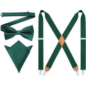 imageHISDERN Bow Tie and Suspenders for Men Elastic XBack Suspender and Bowtie Set Adjustable Braces for Wedding TuxedoBgreen