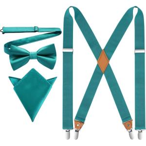imageHISDERN Bow Tie and Suspenders for Men Elastic XBack Suspender and Bowtie Set Adjustable Braces for Wedding TuxedoBteal