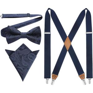 imageHISDERN Bow Tie and Suspenders for Men Elastic XBack Suspender and Bowtie Set Adjustable Braces for Wedding TuxedoC1blue 2