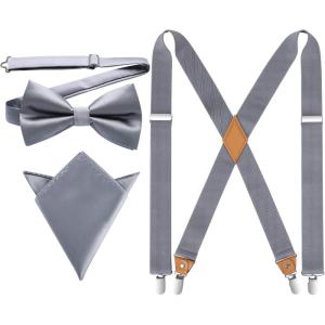 imageHISDERN Bow Tie and Suspenders for Men Elastic XBack Suspender and Bowtie Set Adjustable Braces for Wedding TuxedoF2grey 1
