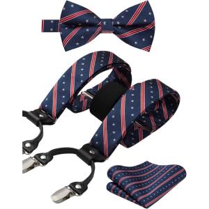 imageHISDERN Bow Tie and Suspenders for Men Suspender and Bowtie Handkerchief Set Adjustable Y Shape 6 Clips Wedding Brace2 American Flag