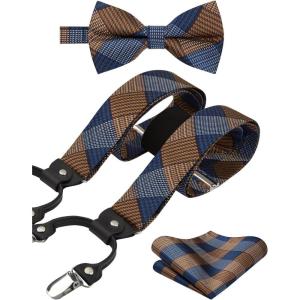 imageHISDERN Bow Tie and Suspenders for Men Suspender and Bowtie Handkerchief Set Adjustable Y Shape 6 Clips Wedding BraceOrange  Blue