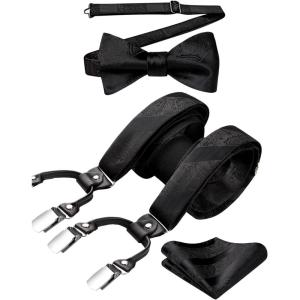 imageHISDERN Suspenders for Men Paisley Floral Bow tie Suspender Pocket Square Sets Adjustable Y Shape 6 Clips Wedding BracesA3black