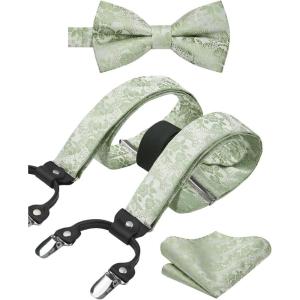 imageHISDERN Suspenders for Men Paisley Floral Bow tie Suspender Pocket Square Sets Adjustable Y Shape 6 Clips Wedding BracesA7sage Green