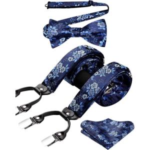 imageHISDERN Suspenders for Men Paisley Floral Bow tie Suspender Pocket Square Sets Adjustable Y Shape 6 Clips Wedding BracesB4blue