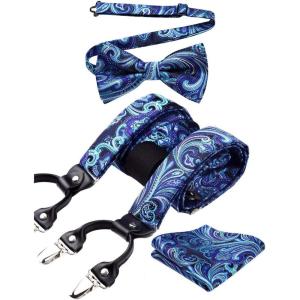 imageHISDERN Suspenders for Men Paisley Floral Bow tie Suspender Pocket Square Sets Adjustable Y Shape 6 Clips Wedding BracesB7blue  White