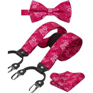 imageHISDERN Suspenders for Men Paisley Floral Bow tie Suspender Pocket Square Sets Adjustable Y Shape 6 Clips Wedding BracesC2red  Pink