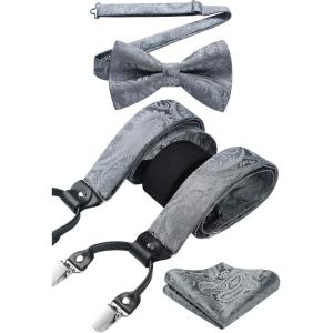 imageHISDERN Suspenders for Men Paisley Floral Bow tie Suspender Pocket Square Sets Adjustable Y Shape 6 Clips Wedding BracesD8gray