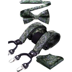 imageHISDERN Suspenders for Men Paisley Floral Bow tie Suspender Pocket Square Sets Adjustable Y Shape 6 Clips Wedding BracesD9green Gray