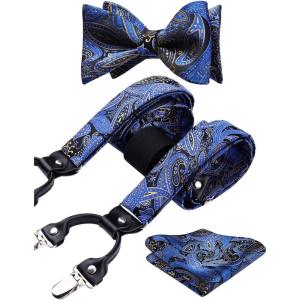 imageHISDERN Suspenders for Men Paisley Floral Self Tied Bow Tie and Suspender Pocket Square Sets Adjustable Wedding Braces10blue  Black