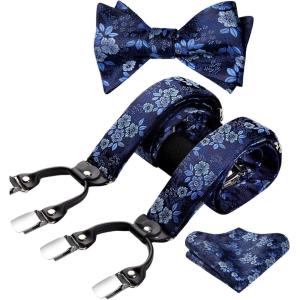 imageHISDERN Suspenders for Men Paisley Floral Self Tied Bow Tie and Suspender Pocket Square Sets Adjustable Wedding Braces1blue